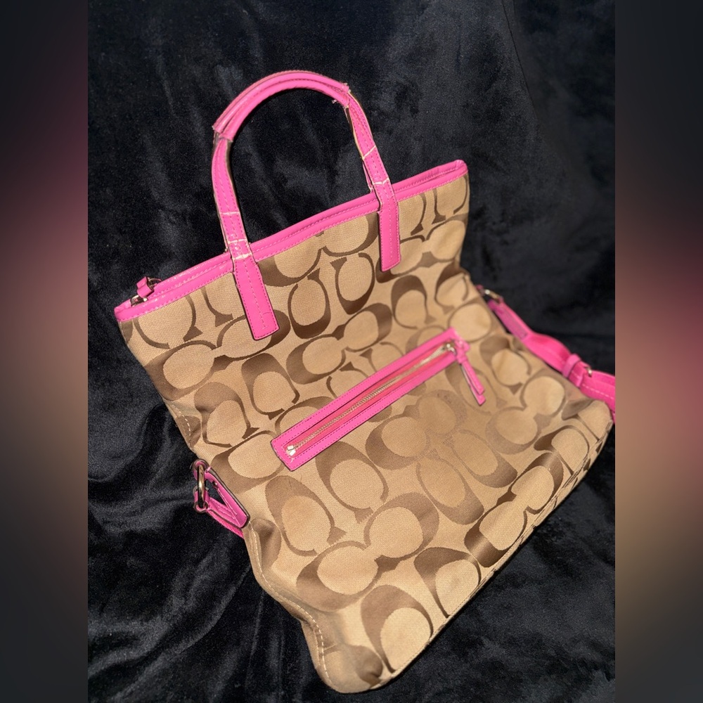 COACH BROWN AND PINK LARGE JACQUARD FOLD OVER  MESSINGER Crossbody Bag - Picture 9 of 13